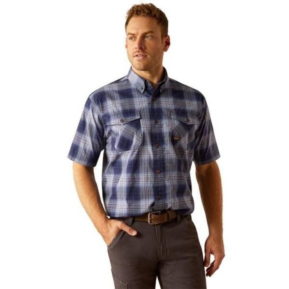 Ariat Rebar Men's MD Made Tough Durastretch Plaid Button Work Shirt Placid Blue